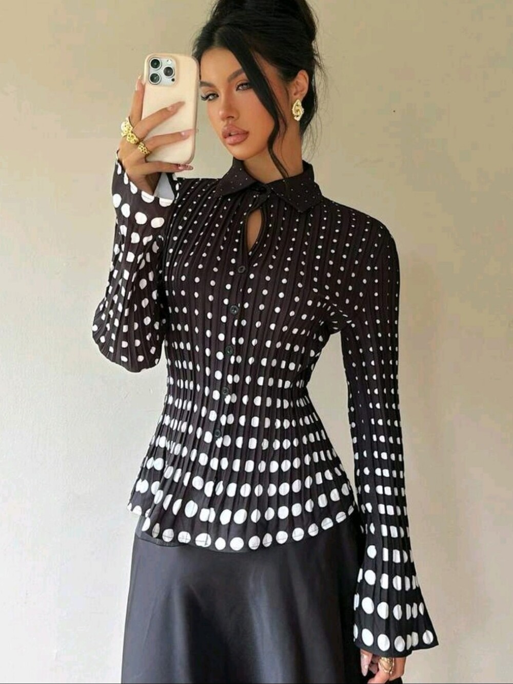 Black And White Polka Dot Pleated Flare Long Sleeve Blouse Elegant